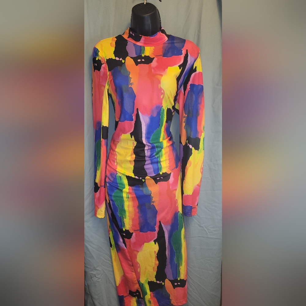 Midi multicolor dress. (purple, yellow, green, black). Size Xl. NWT.